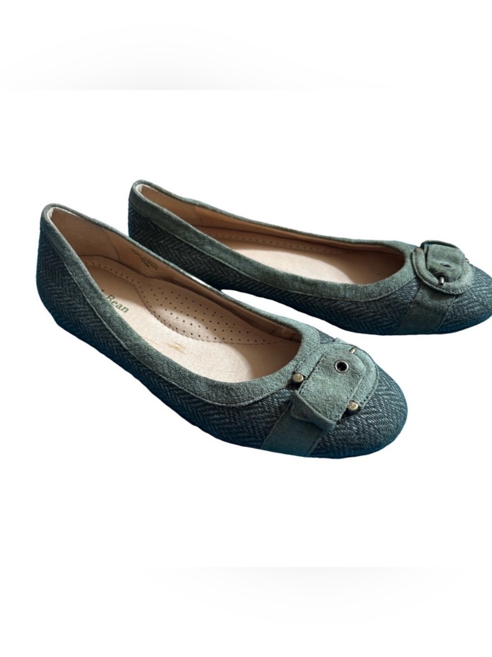 L.L. Bean Green Women's Flats Green Herringbone With Suede Trim and Buckle